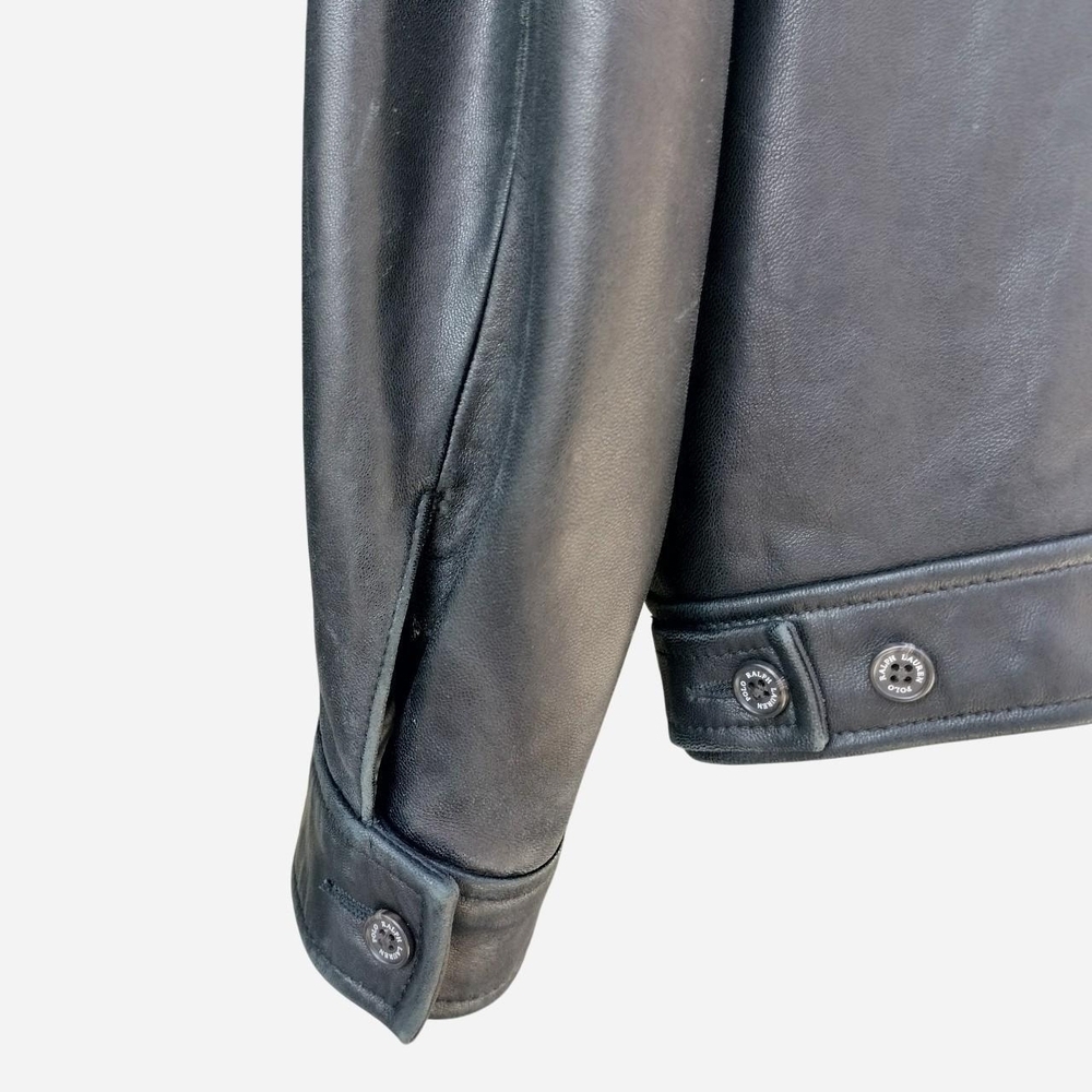 Polo Ralph Lauren 100% Leather Jacket Black Zip Front Harrington Men XL Moto - Picture 8 of 9